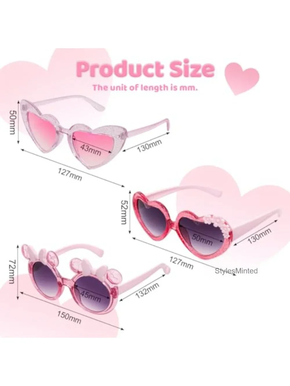 3-Pack Kids Sunglasses Set Heart Flower Bow UV400 Protection